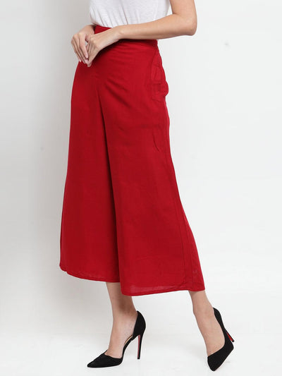 Maroon solid rayon culottes for women styled with black heels.
