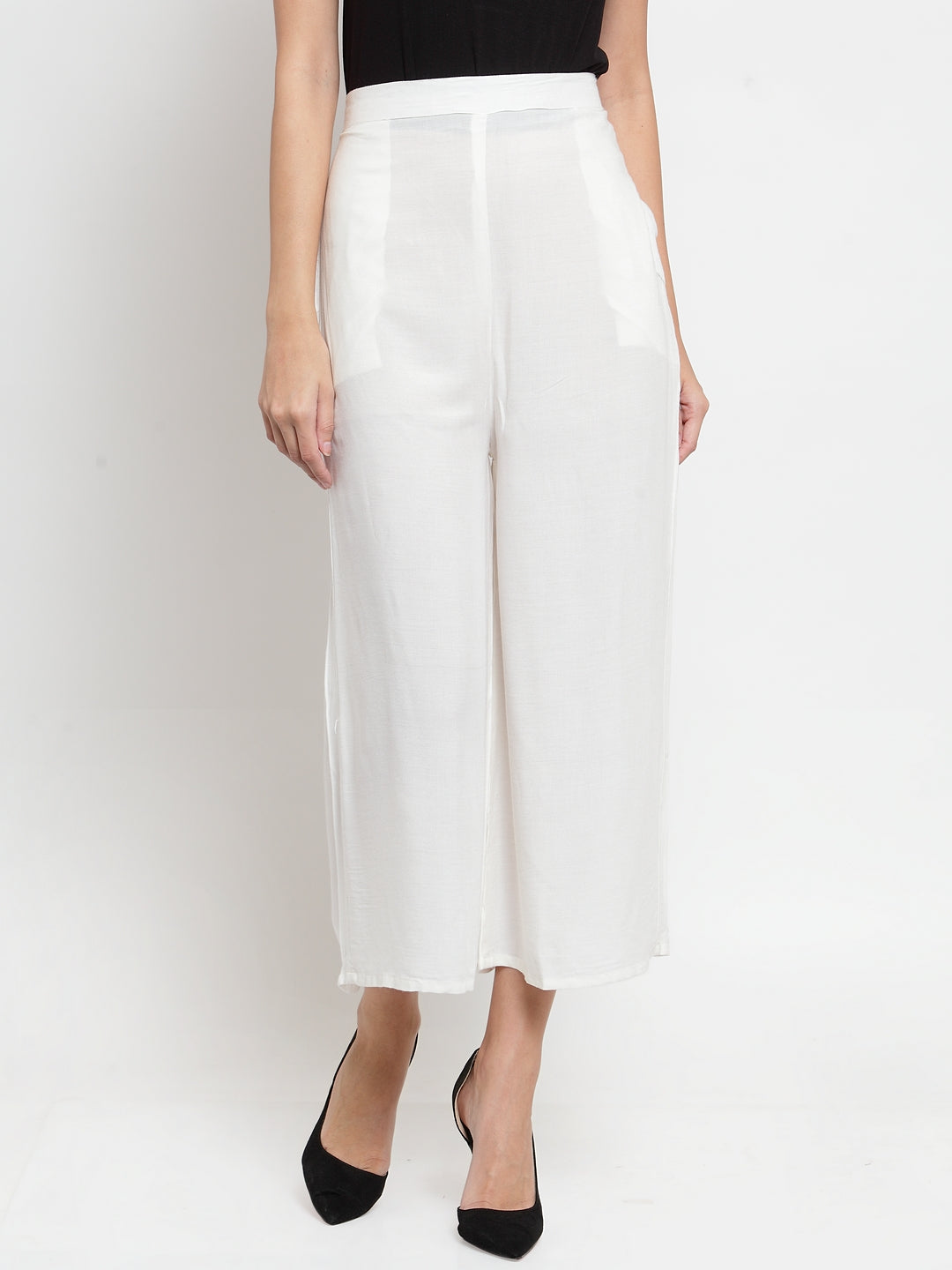 Clora Off-White Solid Rayon Culottes