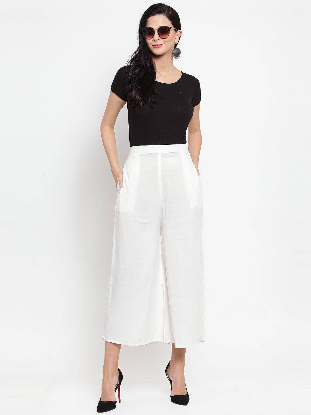Clora Off-White Solid Rayon Culottes