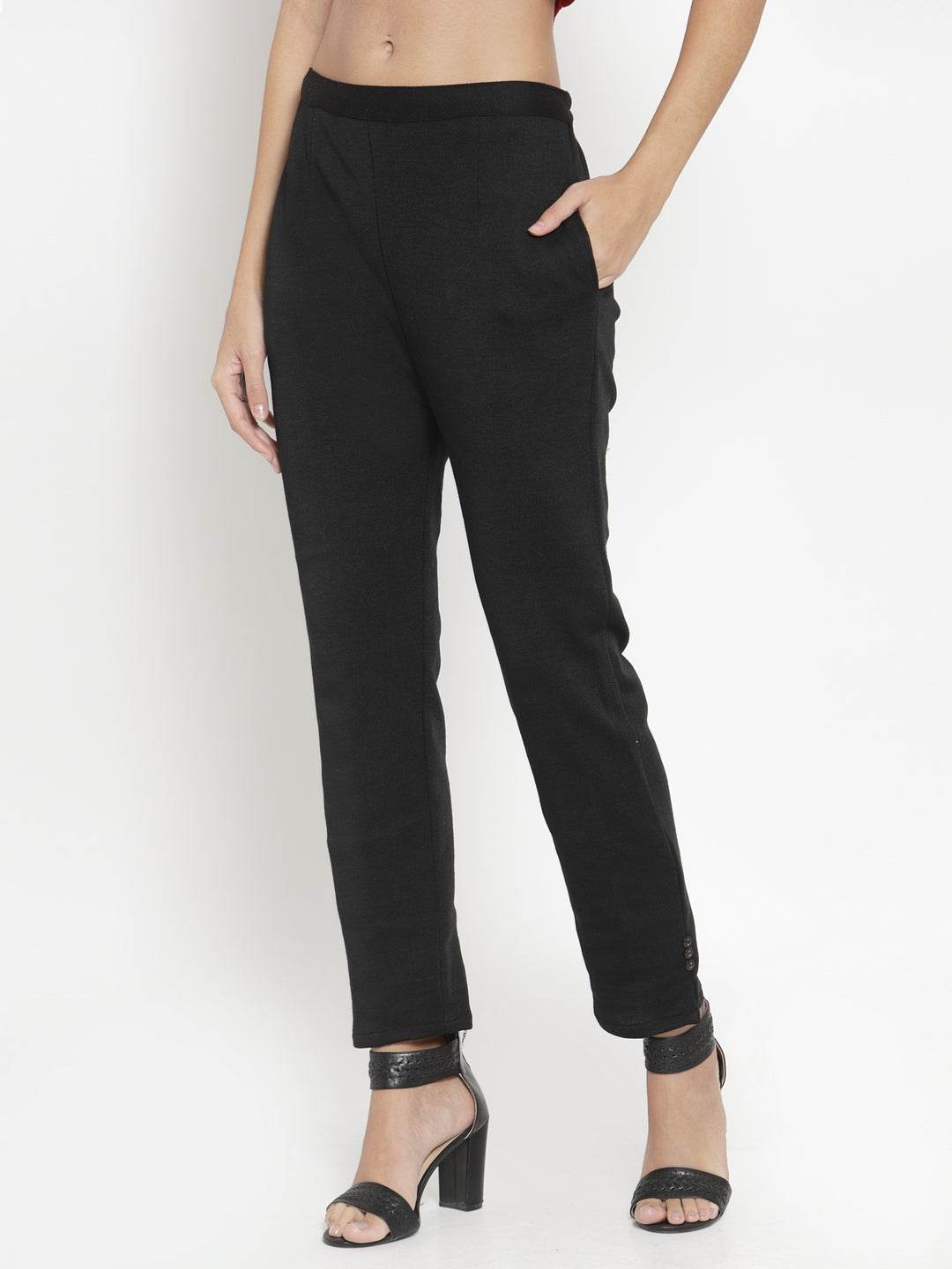 Black woolen pencil pant for women, offering a perfect fit and warmth for winter.