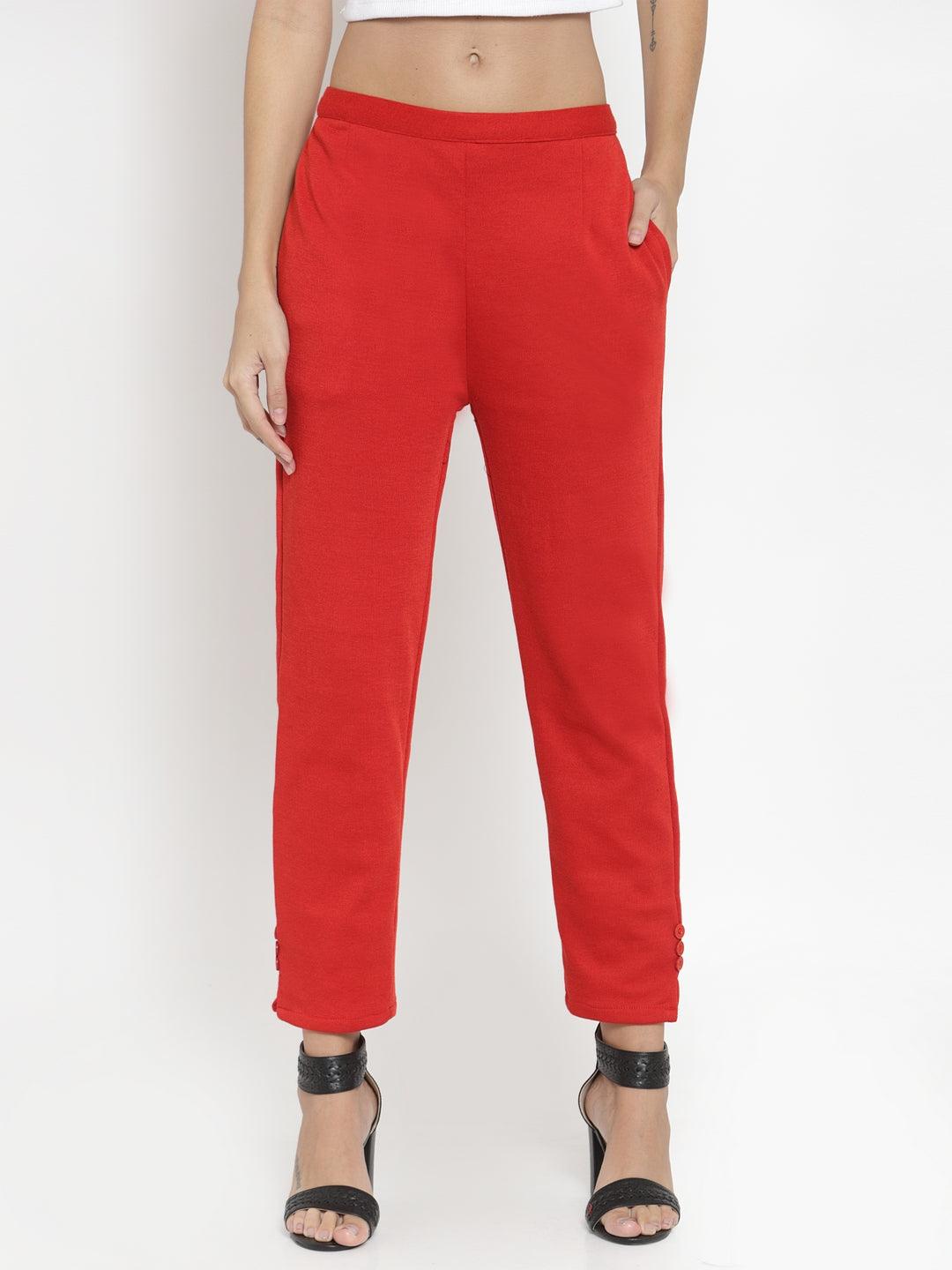 Red woolen pencil pant for women, straight fit, winter wear.