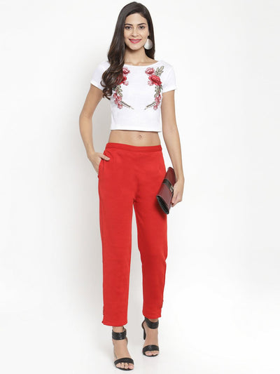 Red woolen pencil pant for women offering warmth and perfect fit.