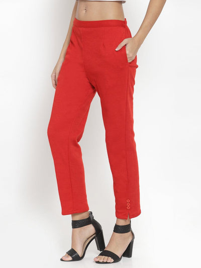 Red woolen pencil pant with a perfect fit for winter wear.