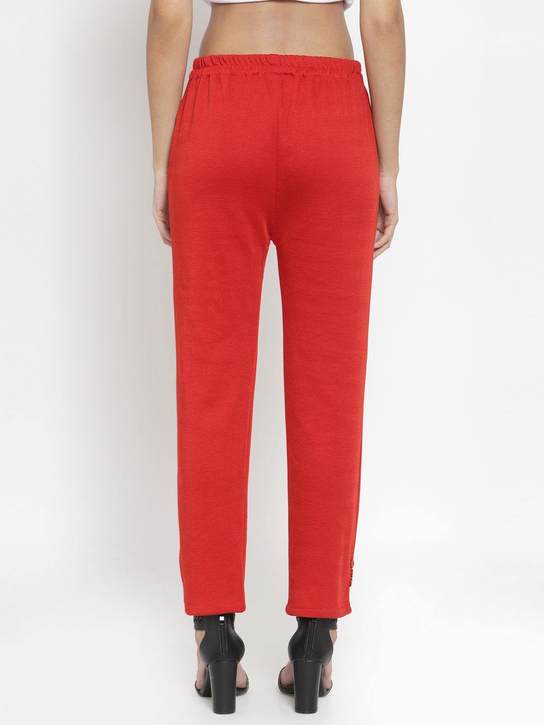 Red woolen pencil pant with a straight fit, perfect for winter warmth.