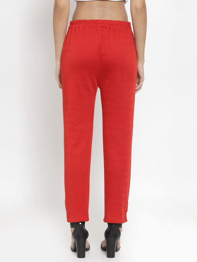 Red woolen pencil pant with a straight fit, perfect for winter warmth.