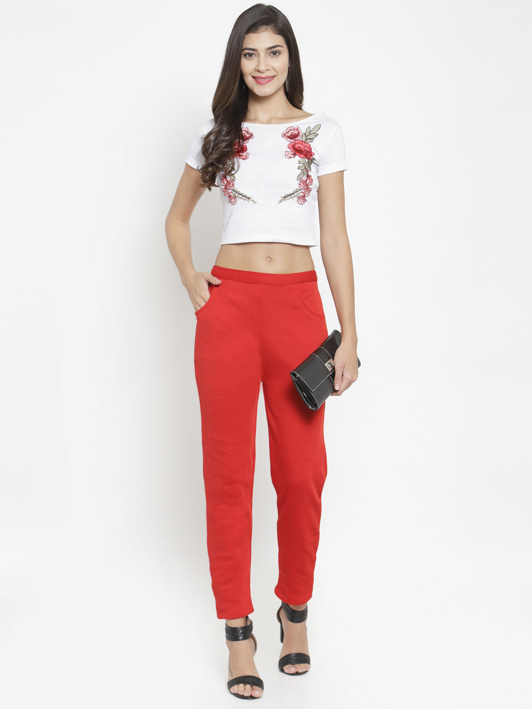 Clora Red Woolen Solid Pant