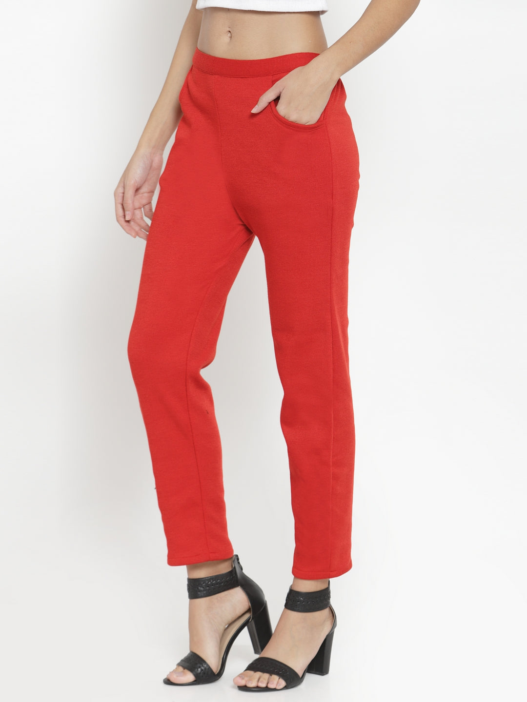Clora Red Woolen Solid Pant
