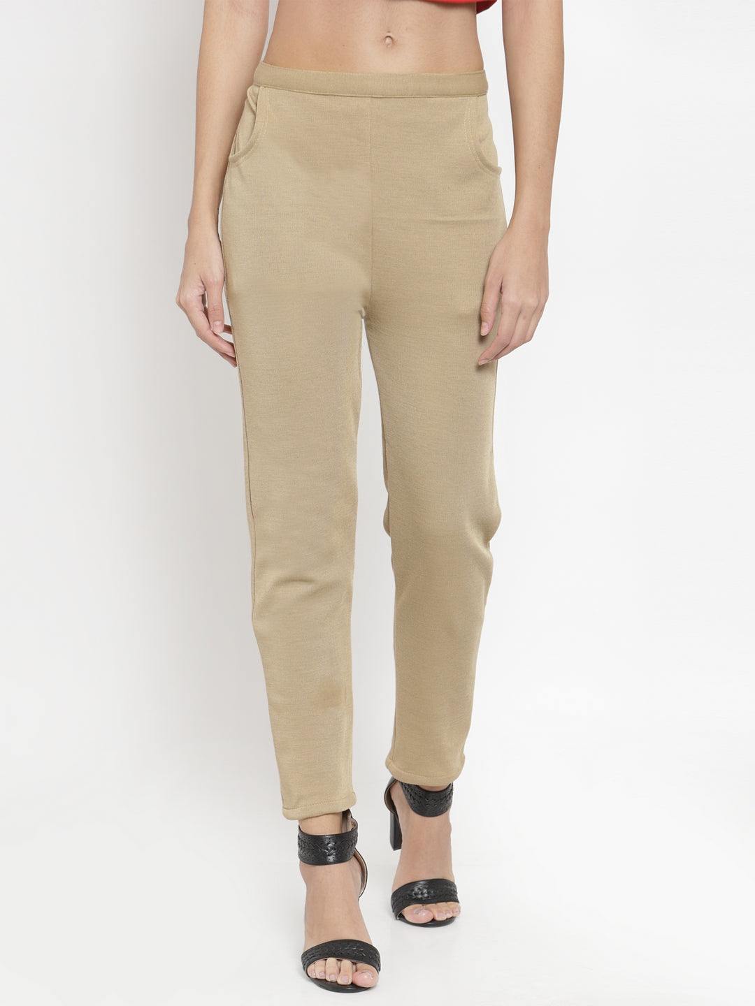 Fawn woolen solid pant for women, perfect for winter warmth and style.