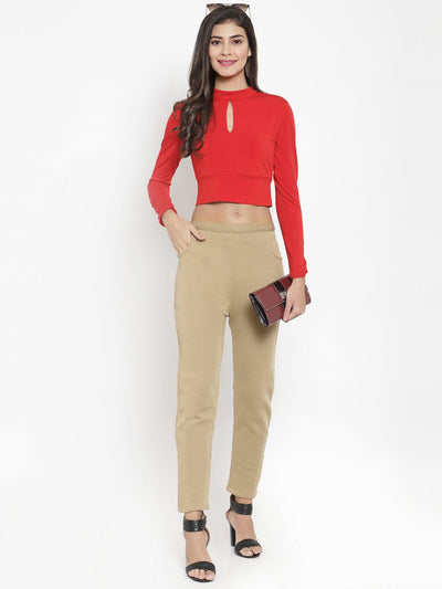 Fawn woolen solid pant for women, perfect winter trouser.