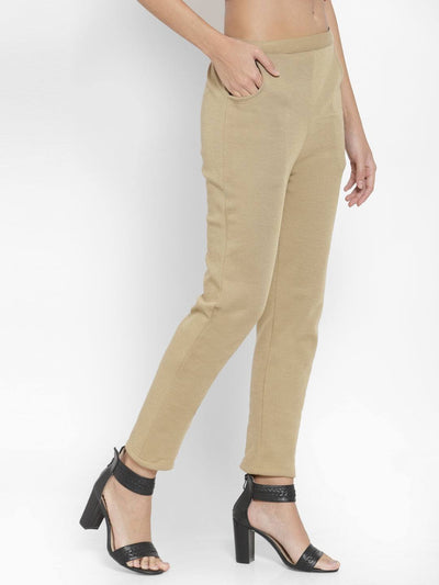 Fawn woolen solid pant for women, straight fit, warm winter wear.