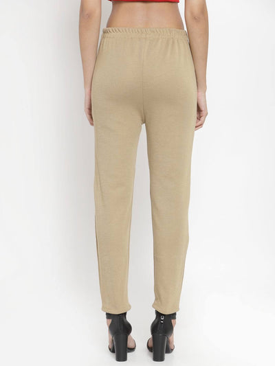 Fawn woolen solid pant for women, straight fit, back view.