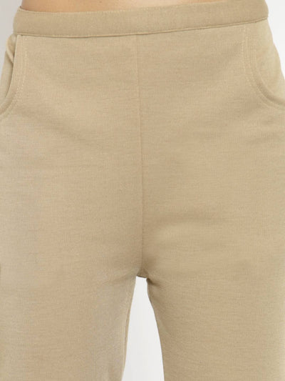 Fawn woolen solid pant for women, perfect for winter warmth.