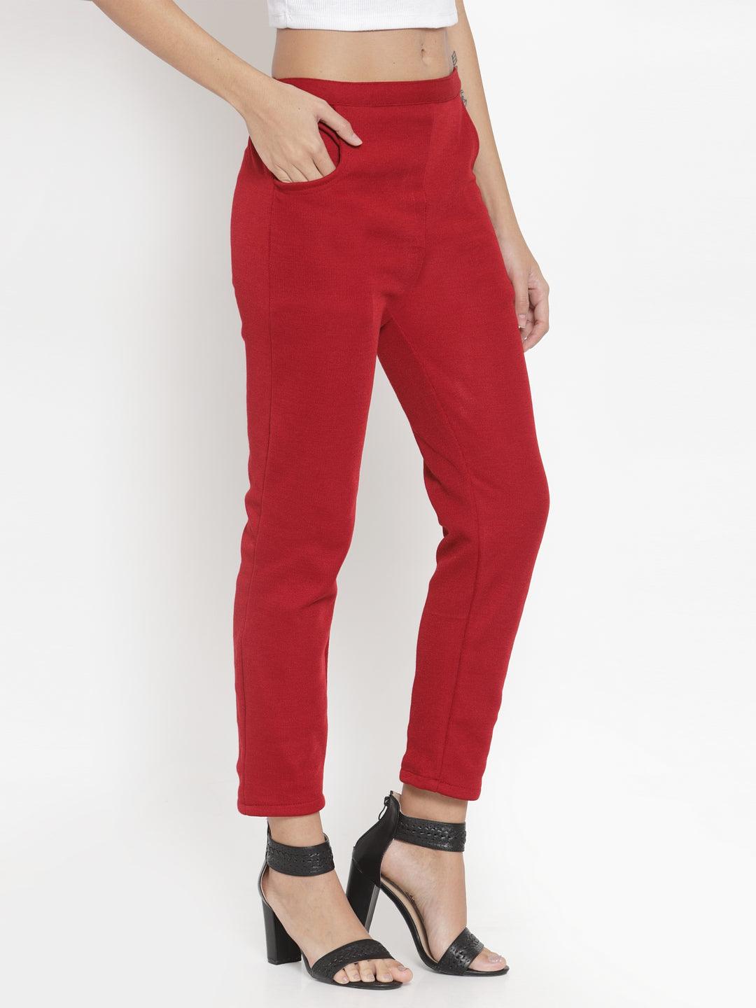 Clora Maroon Woolen Solid Pant