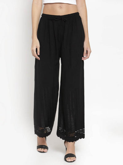Black self-design rayon palazzo with chikankari detailing from Clora.