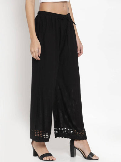 Black self-design rayon palazzo with Chikankari detailing from Clora.