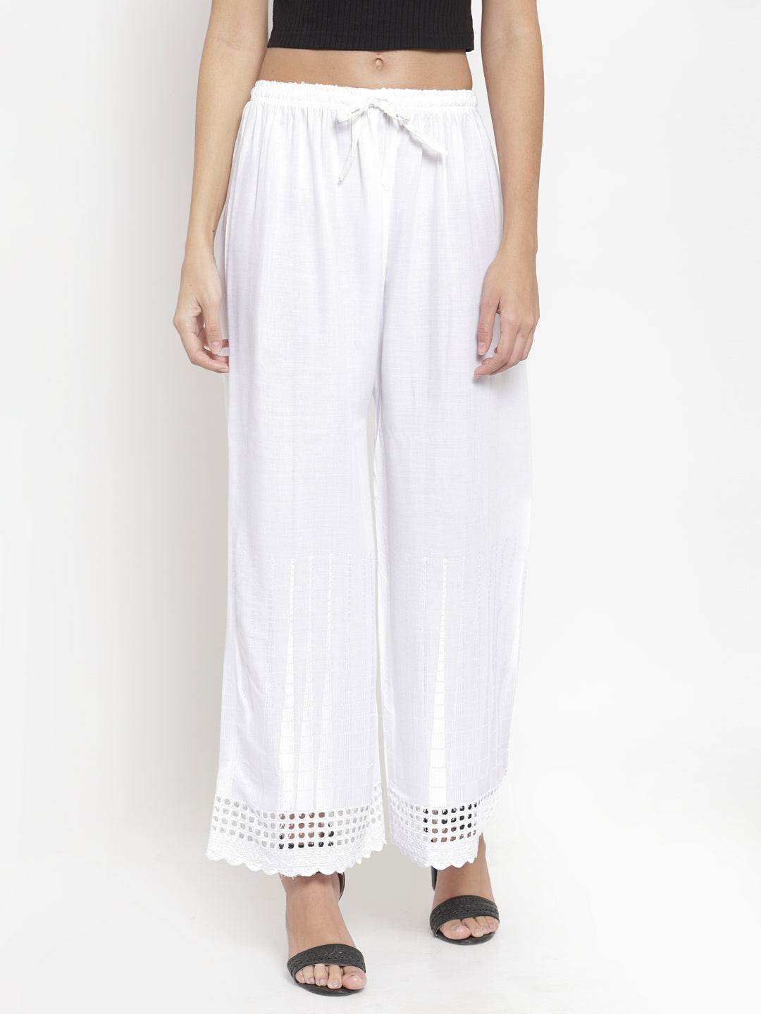 White self-design rayon palazzo with Chikankari detail, comfortable and lightweight.
