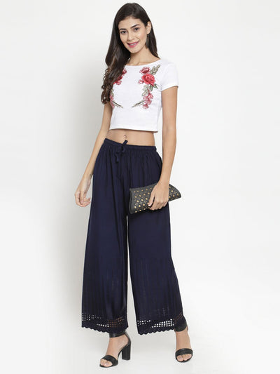 Clora Navy Blue Self Design Rayon Palazzo