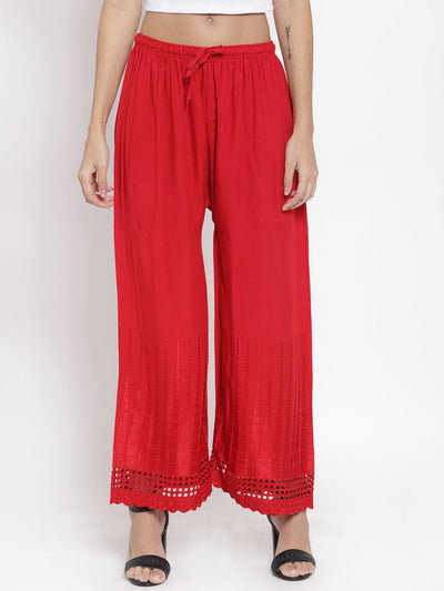 Red self-design rayon palazzo with chikankari detail, comfortable and lightweight.