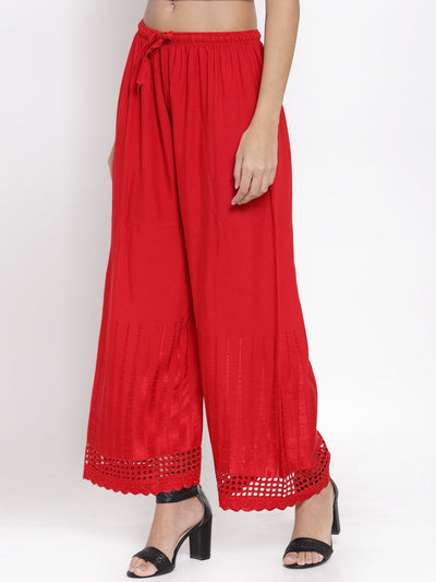 Red self-design rayon palazzo with Chikankari detailing, comfortable for all-day wear.