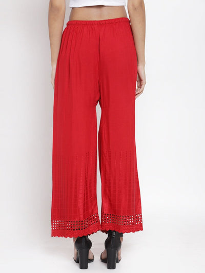 Red self design rayon palazzo with chikankari detail from Clora.