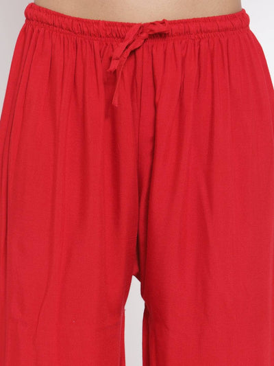 Red self-design rayon palazzo pants with Chikankari detail, lightweight and comfortable by Clora.
