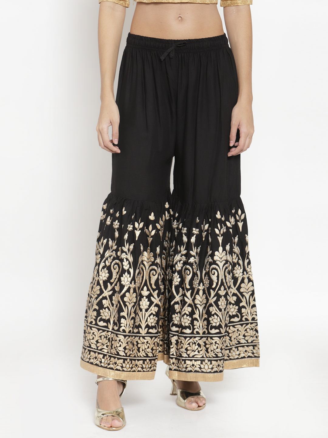 Clora Black Flared Printed Rayon Gharara