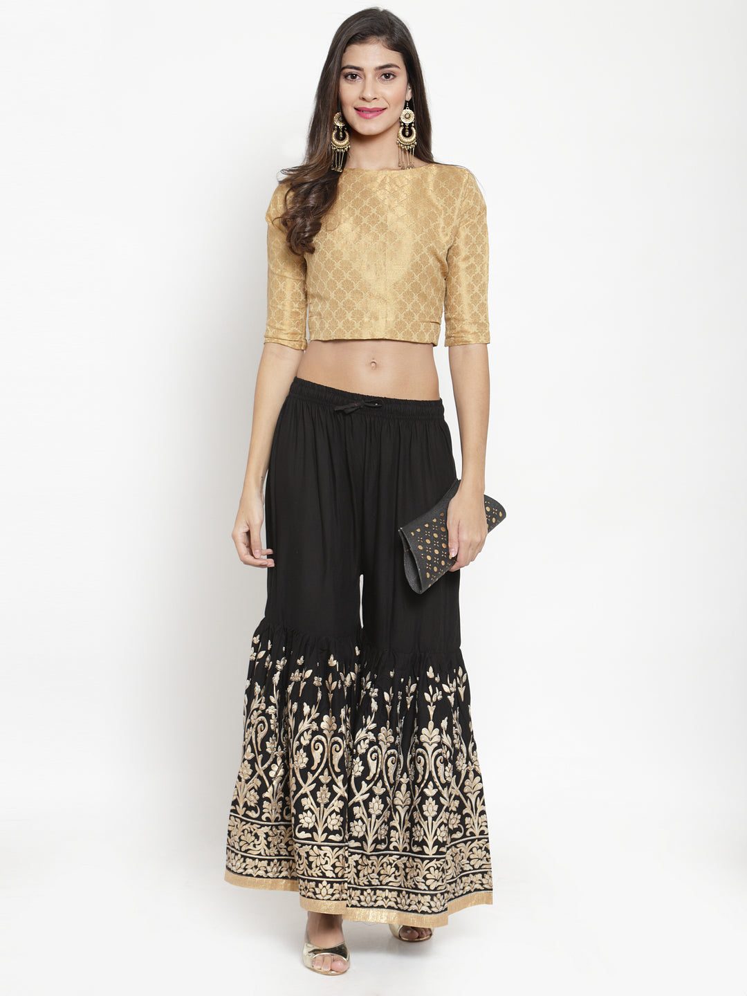 Clora Black Flared Printed Rayon Gharara