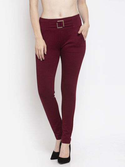 Maroon Regular Fit Jeggings made from Roma fabric.