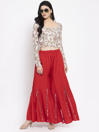 Red flared embellished Sharara with soft Rayon fabric.