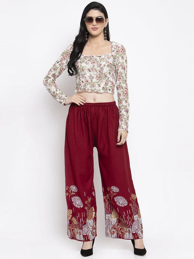 Maroon printed rayon palazzo with elastic waistband and elegant design.