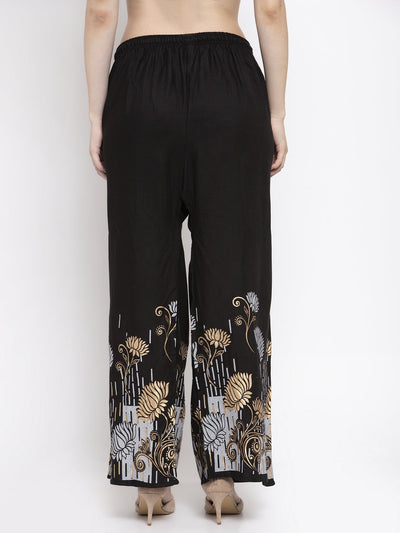 Black Printed Rayon Palazzo with elastic waistband and drawstring.