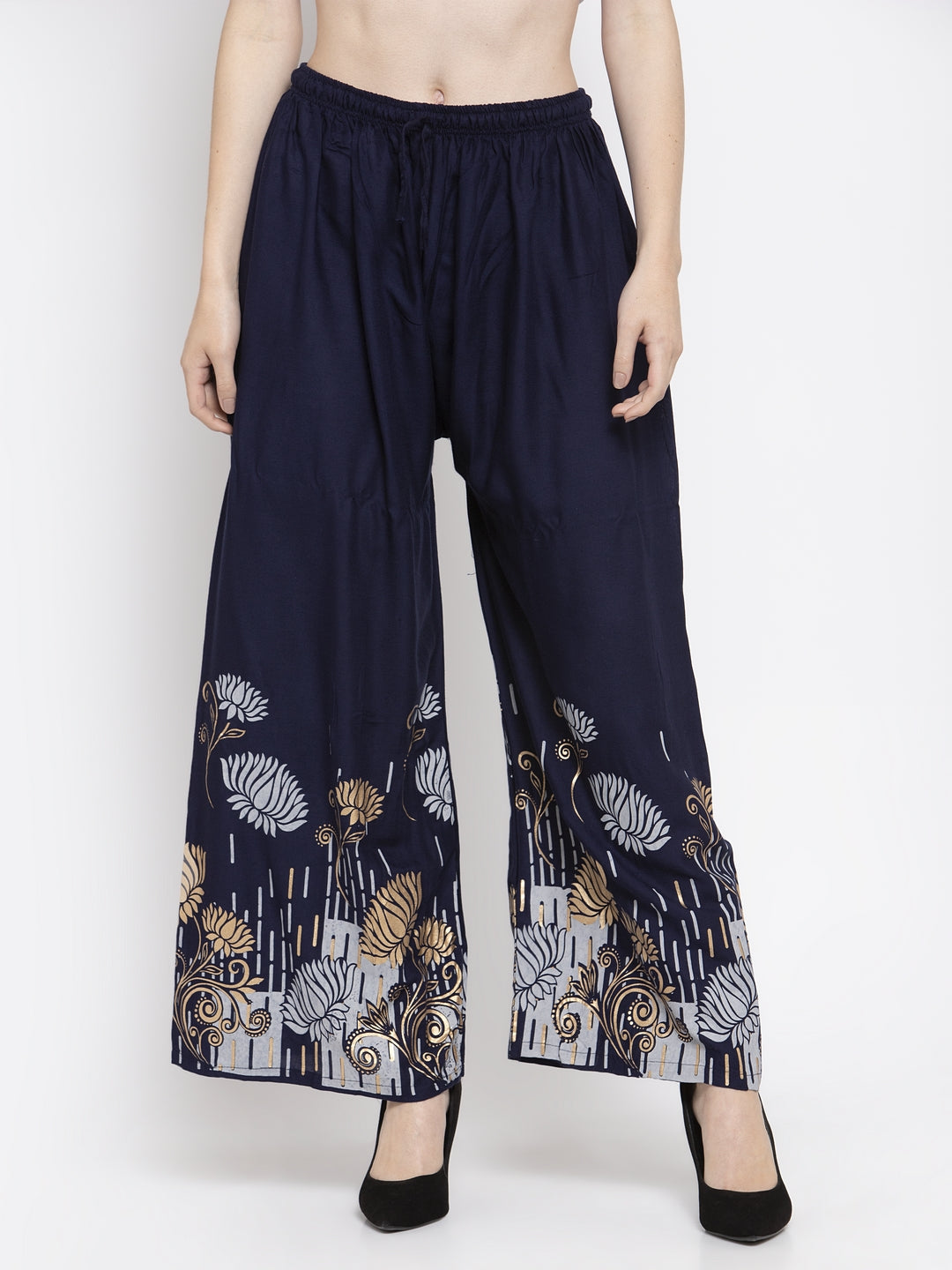 Clora Navy Blue Printed Rayon Palazzo