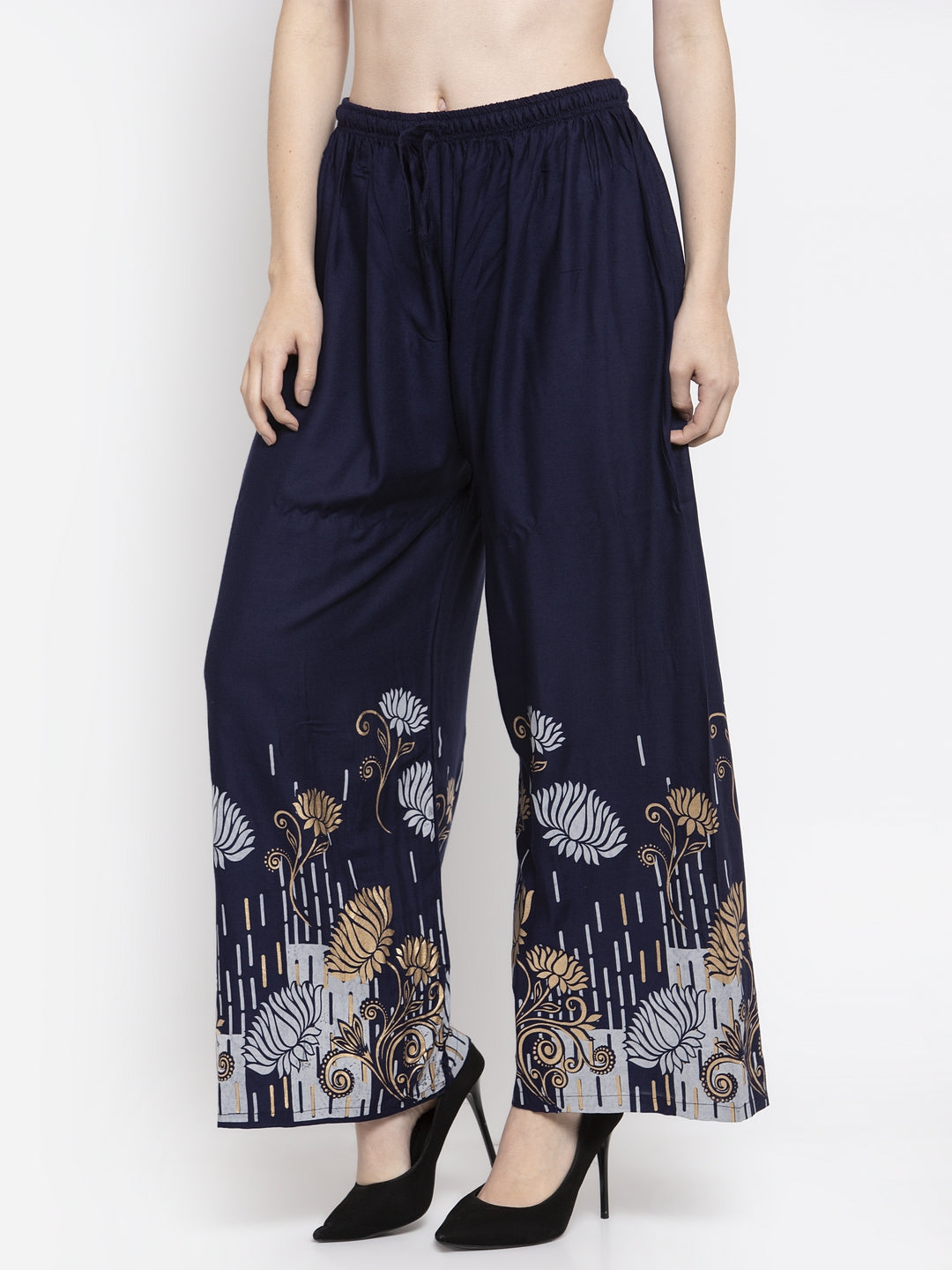 Clora Navy Blue Printed Rayon Palazzo