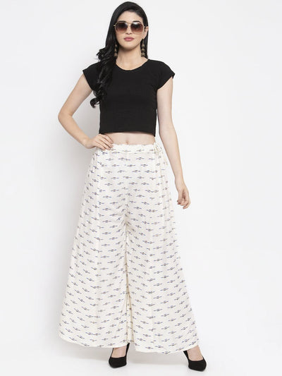 Cream flared printed rayon sharara with elasticated waistband.