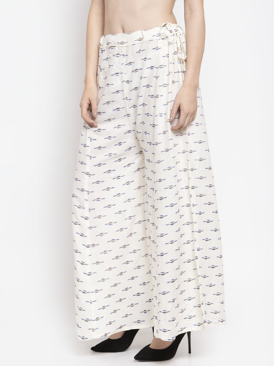 Cream flared printed rayon sharara with elasticated waistband.