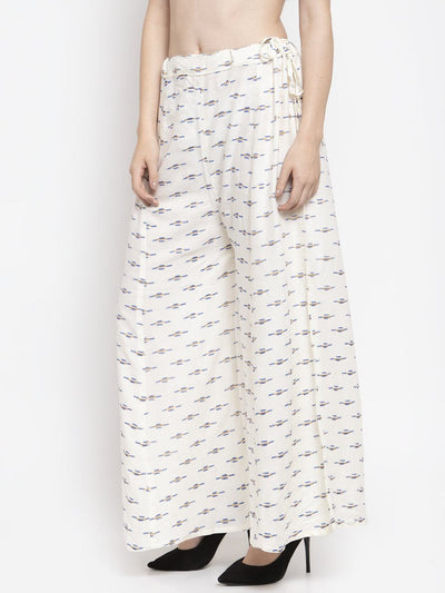 Cream flared printed rayon sharara with elasticated waistband.