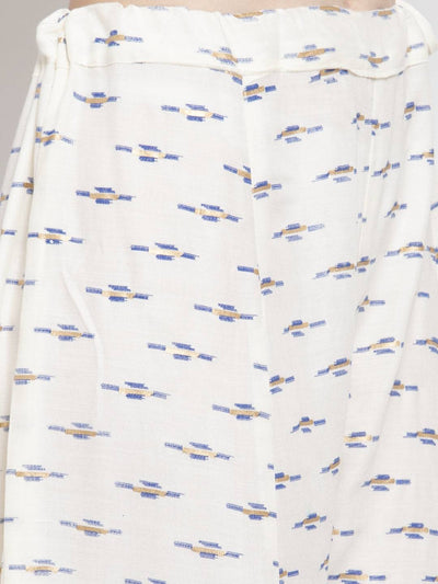 Cream flared printed rayon sharara with an elasticated waistband.