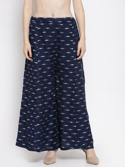 Navy Blue Flared Rayon Sharara with elasticated waistband and printed design.