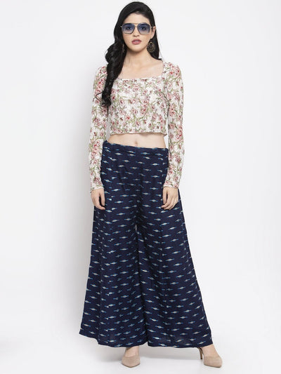 Navy Blue Flared Rayon Sharara with printed design and elastic waistband.
