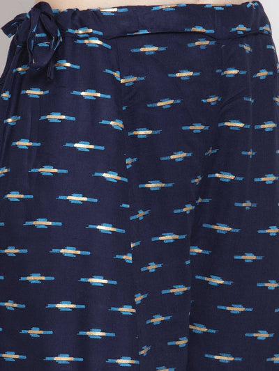 Navy blue flared rayon sharara with printed design and elasticated waistband.