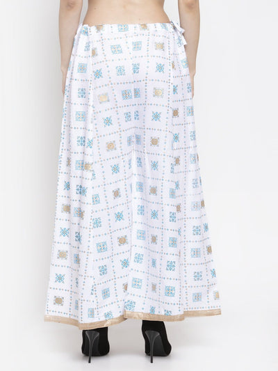 White rayon printed sharara with elasticated waistband, elegant fit.