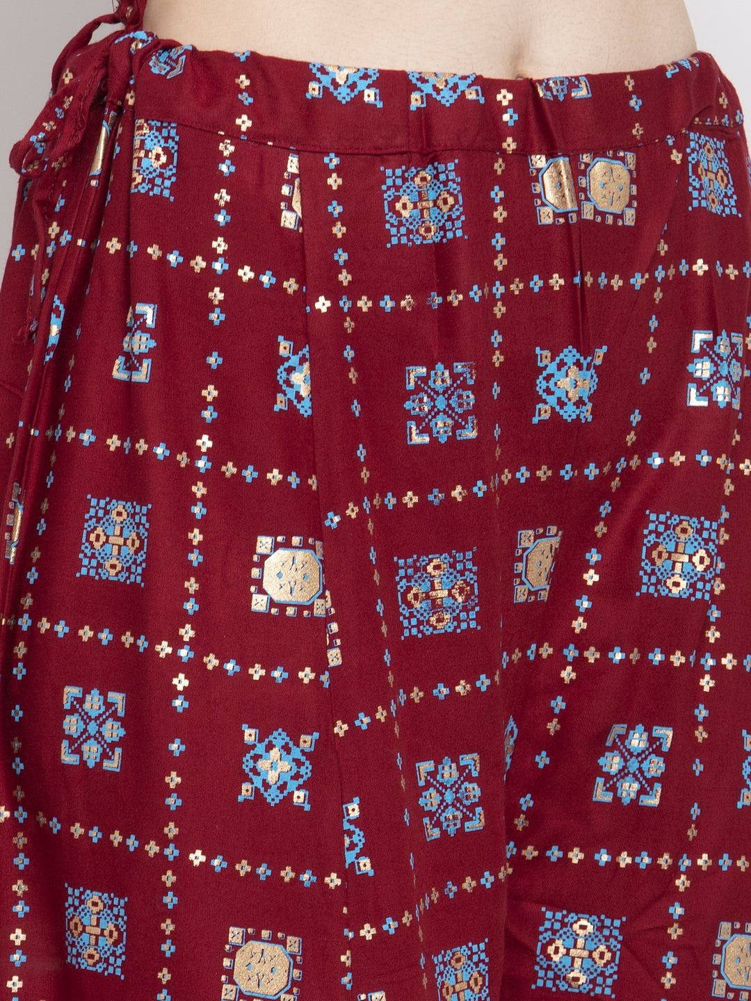 Maroon printed rayon sharara with elasticated waistband and detailed patterns.