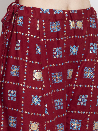 Maroon printed rayon sharara with elasticated waistband and detailed patterns.