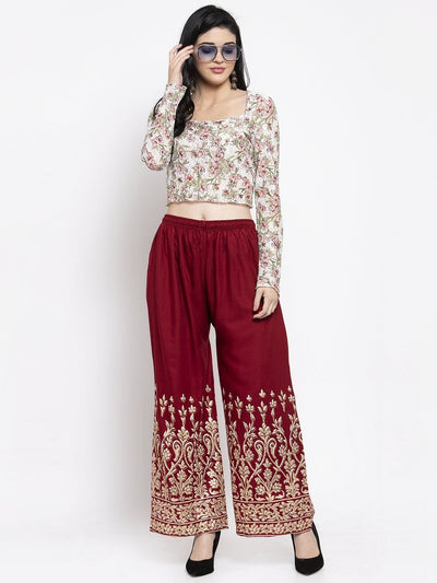 Maroon Rayon Printed Palazzo with elasticated waistband for comfortable fit.