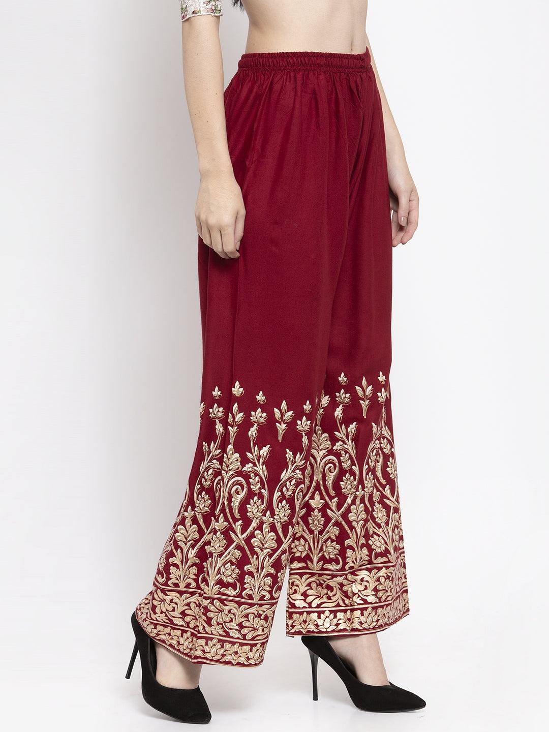 Maroon rayon printed palazzo with elegant design and elasticated waistband.