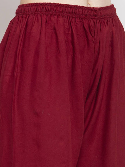 Maroon rayon printed palazzo with elasticated waistband.