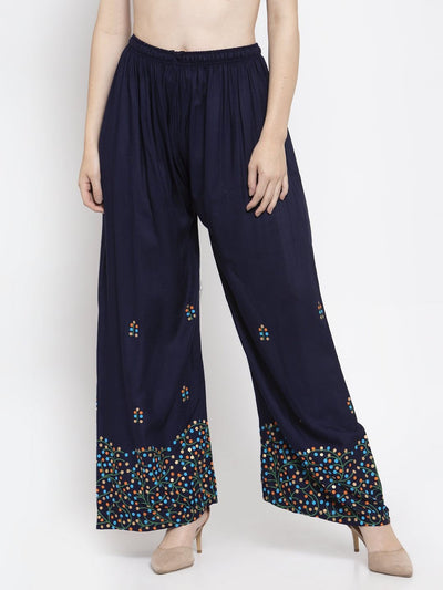 Navy blue rayon printed palazzo with elastic waistband.