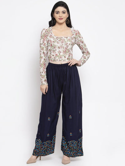 Navy blue rayon printed palazzo with elasticated waistband and elegant design.