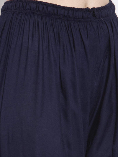 Navy blue rayon printed palazzo with elasticated waistband for a comfortable fit.