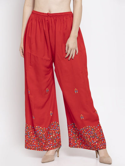 Red rayon printed palazzo with elastic waistband and elegant design.
